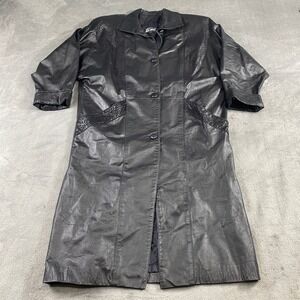 Comint Coat‎ Women's M Black Faux Leather Snake Print Trim Long Trench Argentina